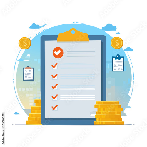 Checklist with coins and city background