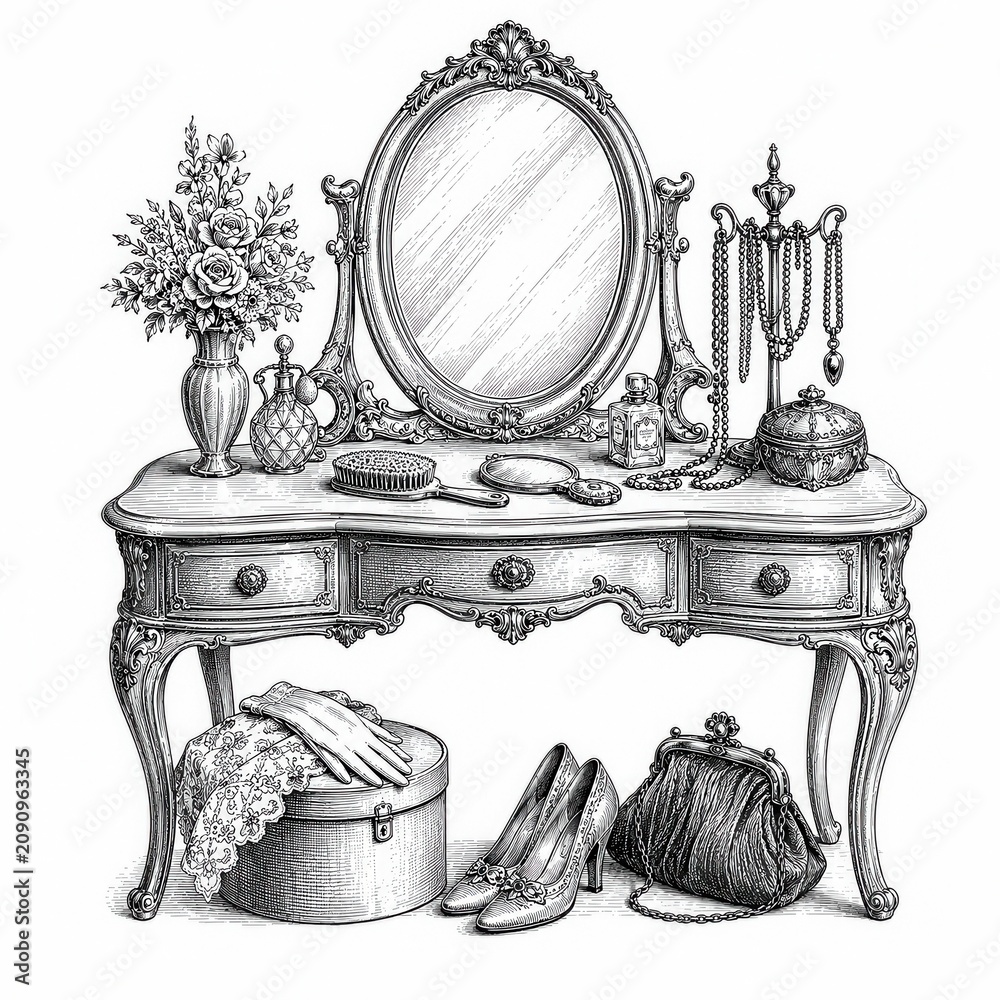 Fototapeta premium Vintage vanity table with ornate mirror engraving sketch illustration isolated on white background artwork