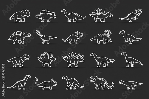 Chalk style dinosaur line icons on chalkboard background
