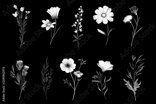Collection of white botanical floral illustrations on black background