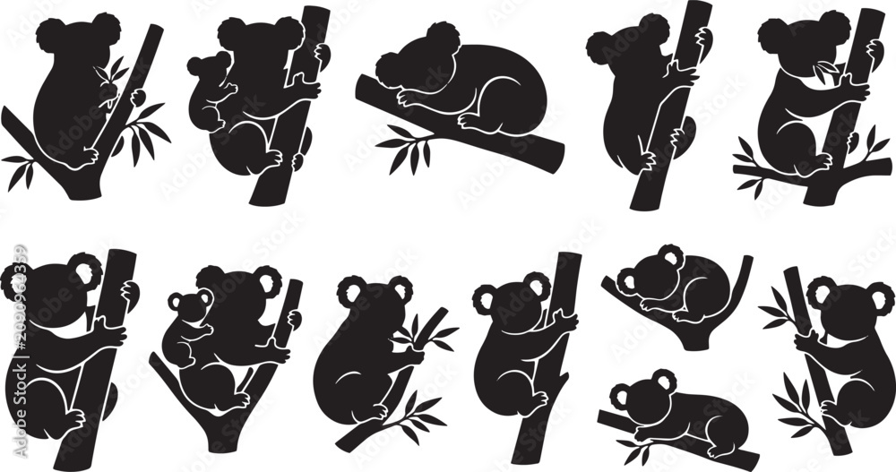 Fototapeta premium Koala silhouettes, koala icons, black koalas, animal illustrations, wildlife graphics isolated on Transparent Background