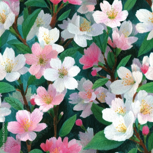 Pink and white cherry blossoms with green leaves on dark background