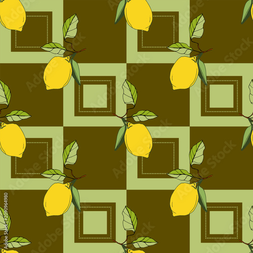Lemon citrus fruit botanical seamless pattern on green background
