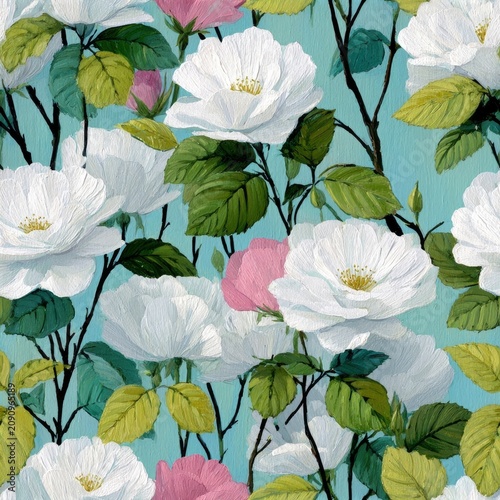White and pink roses with green leaves on teal background, painted floral pattern