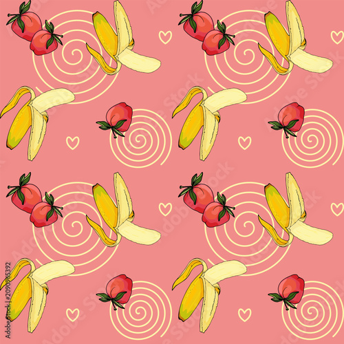 Seamless pattern with bananas, strawberries, and hearts