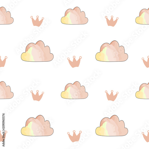 Watercolor clouds and crowns seamless pattern for nursery design