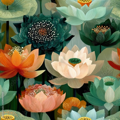 Stylized lotus flowers in vibrant green orange and cream tones with detailed linework and layered composition