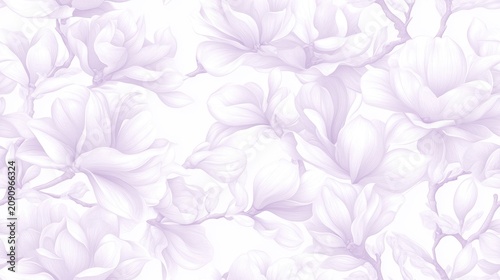 Delicate lavender magnolia blossoms on white background with soft pastel tones and elegant floral pattern