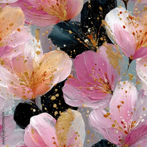 Abstract floral painting with pink petals gold splatters and dark accents