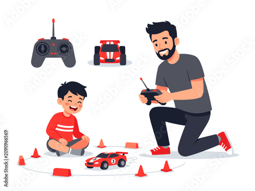 vector Father and son joyfully playing with remote control cars on Father's Day celebrating family bonding and fun activities Isolated on transparent background