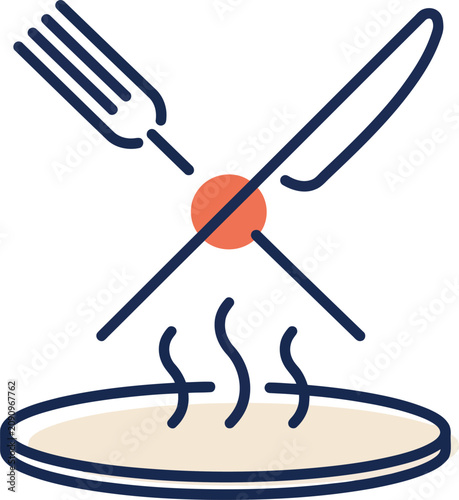 Hot dish plate served with crossed fork and knife icon, restaurant. Vector illustration