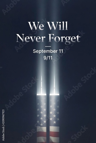 We Will Never Forget tribute emphasizing resilience and unity with light beams symbolizing hope