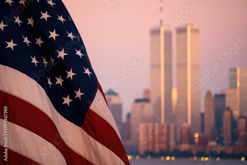 Flag waving proudly with skyline backdrop, capturing essence of resilience and remembrance