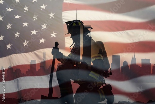 Silhouette of firefighter kneeling in front of American flag, symbolizing bravery and remembrance