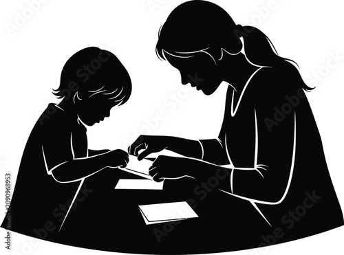 Silhouette design of mother and child crafting together at table vector