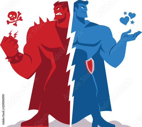 Duality of human character red and blue conceptual. Vector illustration