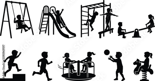 Fotografía Children playing on playground equipment black silhouette vector elements set fo