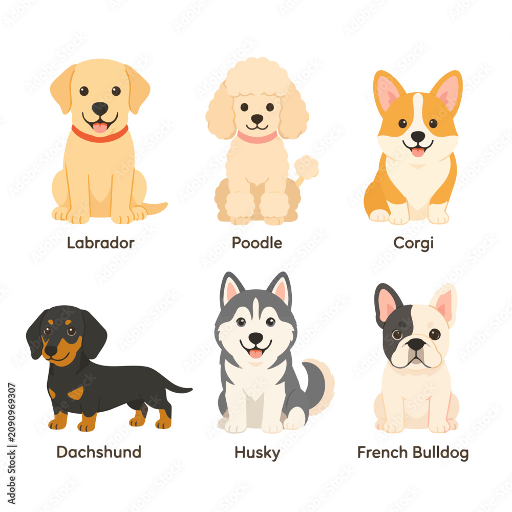 Obraz premium ラブラドール・コーギー・プードルなど人気犬種6種のシンプルフラットベクターアイコンセット