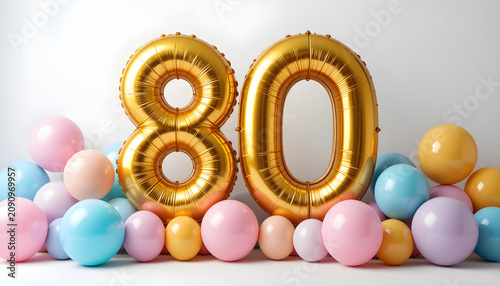 Gold number eighty balloon celebration for 80th birthday anniversary event with pastel background.