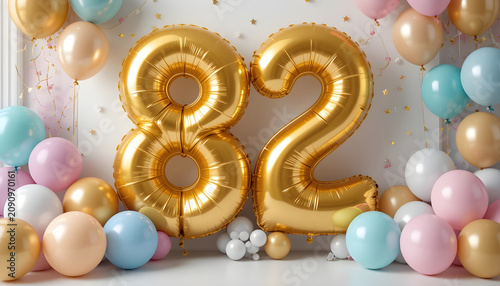 Golden eighty two number balloons placed on white floor with scattered party balloons and gold stars.