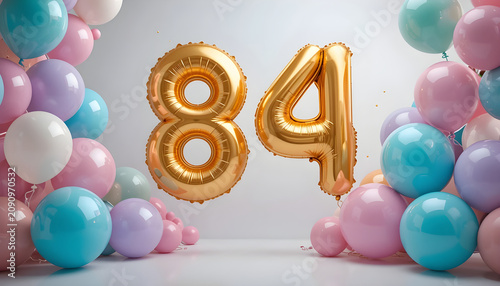 Metallic golden eighty four number balloons with pastel round balloons on white studio background.