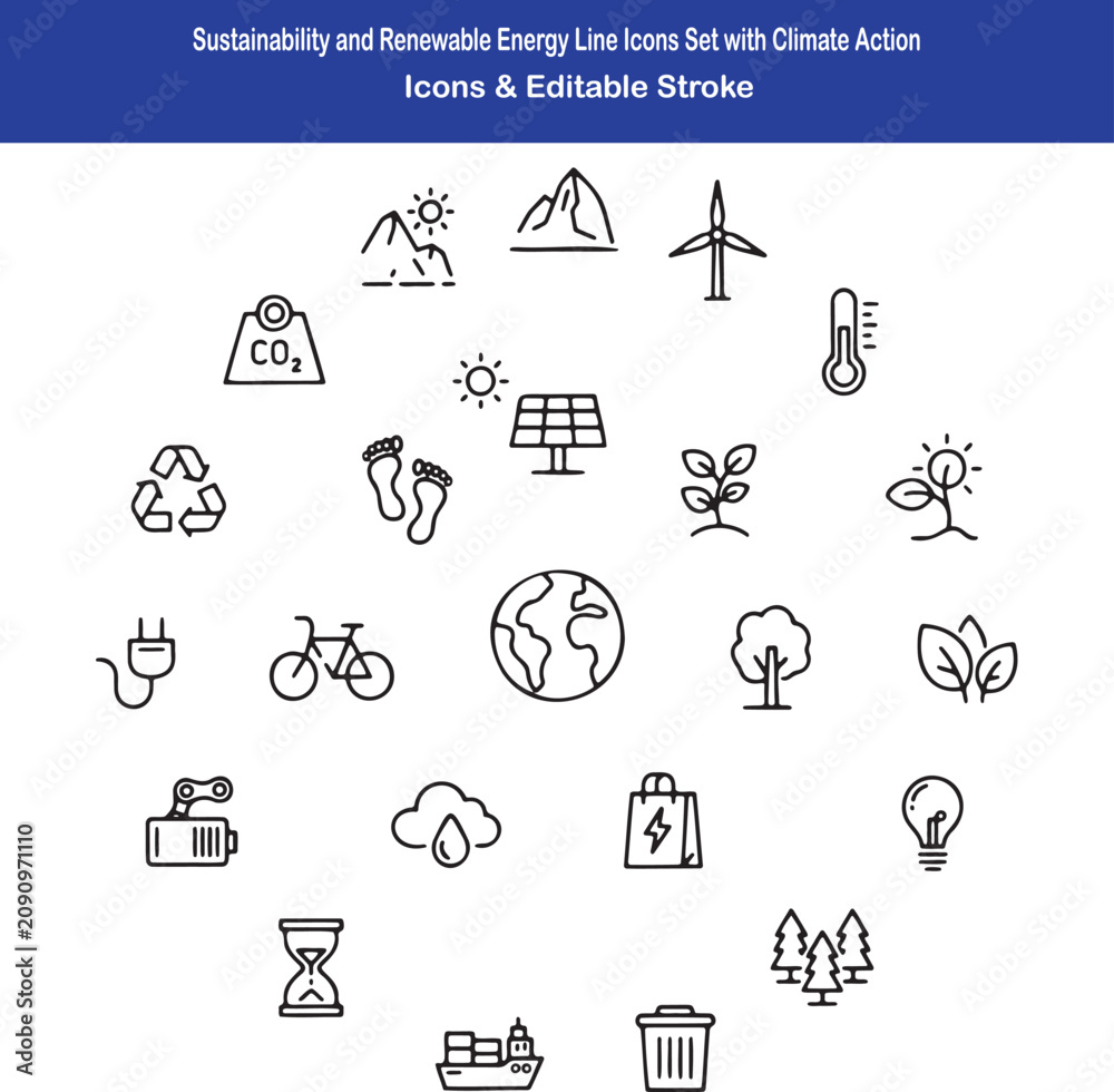Fototapeta premium Climate Action and Sustainable Energy Icon Collection Featuring Renewable Power, ESG Strategy, Carbon Reduction and Circular Economy 