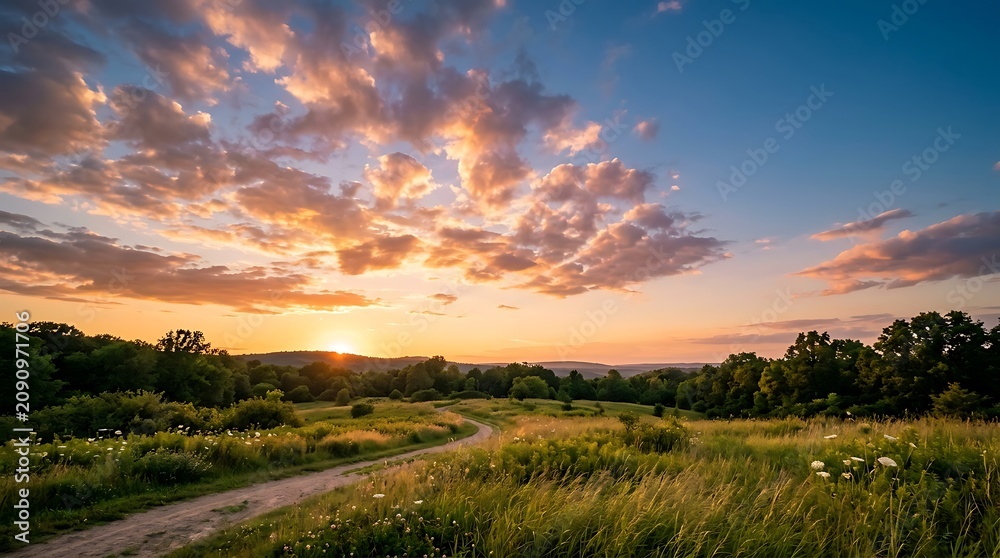 Fototapeta premium A serene country path winds through a sun-drenched meadow at sunset, with a dramatic sky overhead and silhouetted trees in the distance.