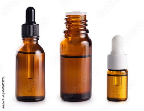 Various bottles of essential oil isolated on a white background. Collection with clipping path.