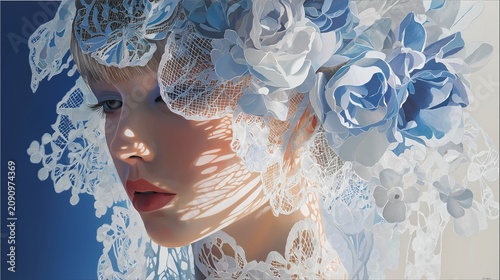 Woman wears a floral headpiece with lace veil.