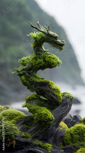 Dragon sculpture rests on mossy forest rocks.