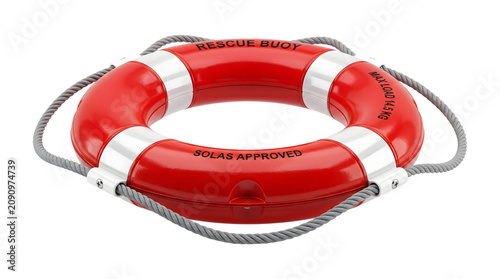 Konstfotografi Red rescue buoy life ring with white bands and a coiled grey safety rope wrapped