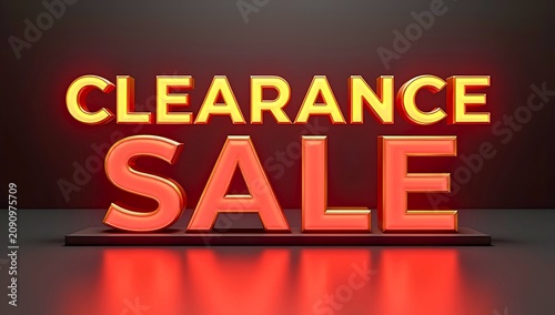 Artwork showing bold three-dimensional CLEARANCE SALE text illuminated in bright red and orange tones glowing against dark reflective background