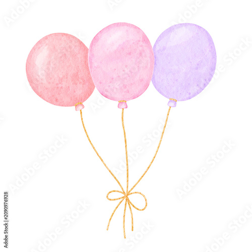 Three Pastel Watercolor Balloons tied with rustic hemp twine hand painting