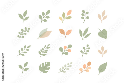 Hand-drawn Japanese minimalism style botanical leaf set features sage green beige and peach foliage for wedding branding nursery decor and stationery
