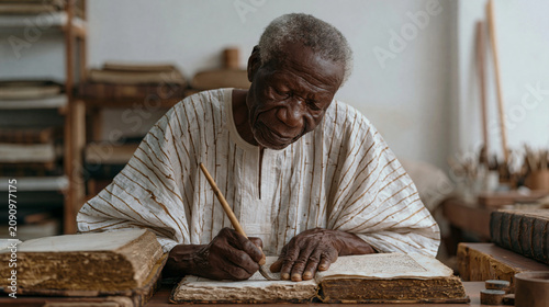 Nigerian bookbinder restoring antique manuscripts in a Lagos conservation studio, elderly craftsman, delicate brushwork on aged pages, September cultural preservation, archival