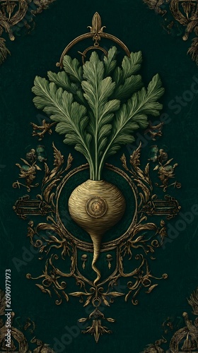 Turnip sits inside a decorative gold frame.