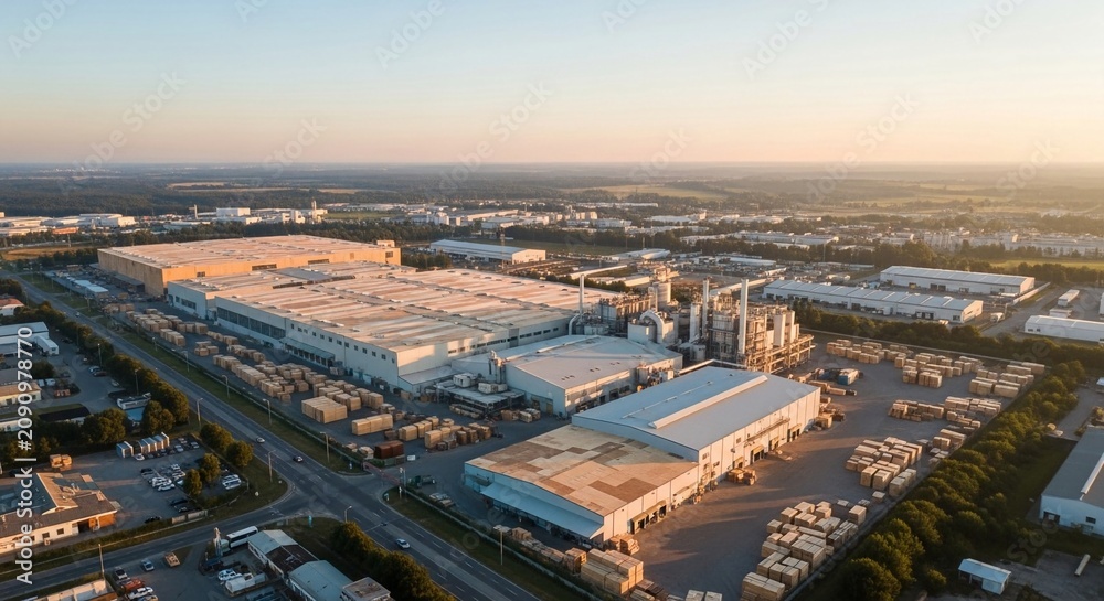 Fototapeta premium Expansive industrial factory complex with extensive warehouses and production buildings illuminated by morning sunlight in an aerial overview
