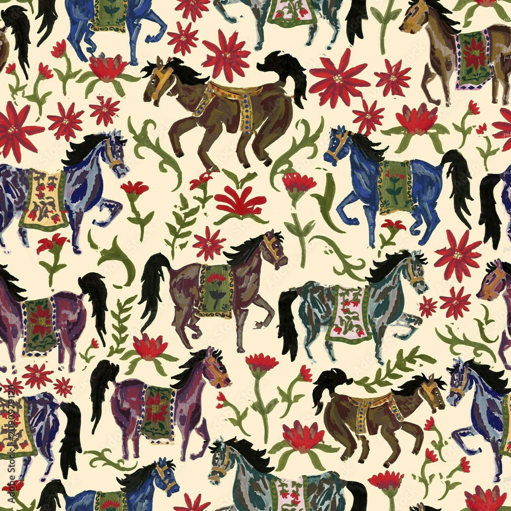 Obraz premium Unicorn Seamless Pattern. Winter. Unicorns, spruce, berries, fir and trees.Vector Illustration. Winter/Merry Christmas Collection. Modern Design