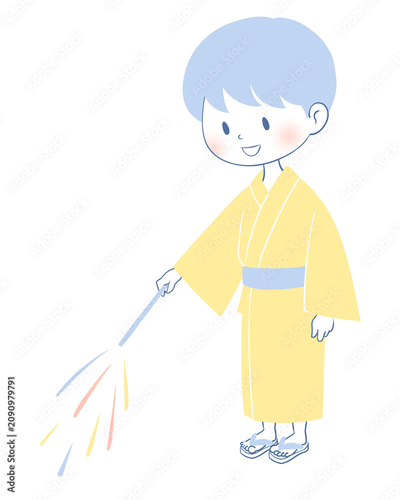 Fototapeta premium 手持ち花火をする男の子のイラスト