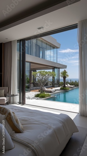 Bedroom opens to a modern luxury pool patio.