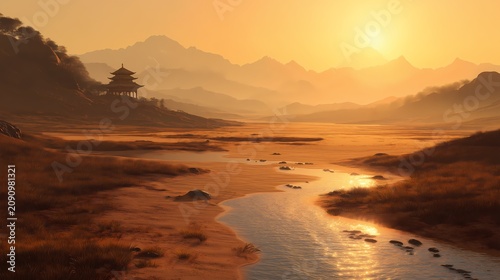 Pagoda stands near a river in golden sunlight.