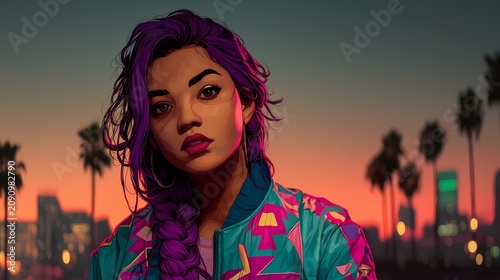 Young woman with purple hair poses at sunset.