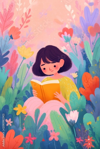 Girl sits peacefully reading a book in flowers.