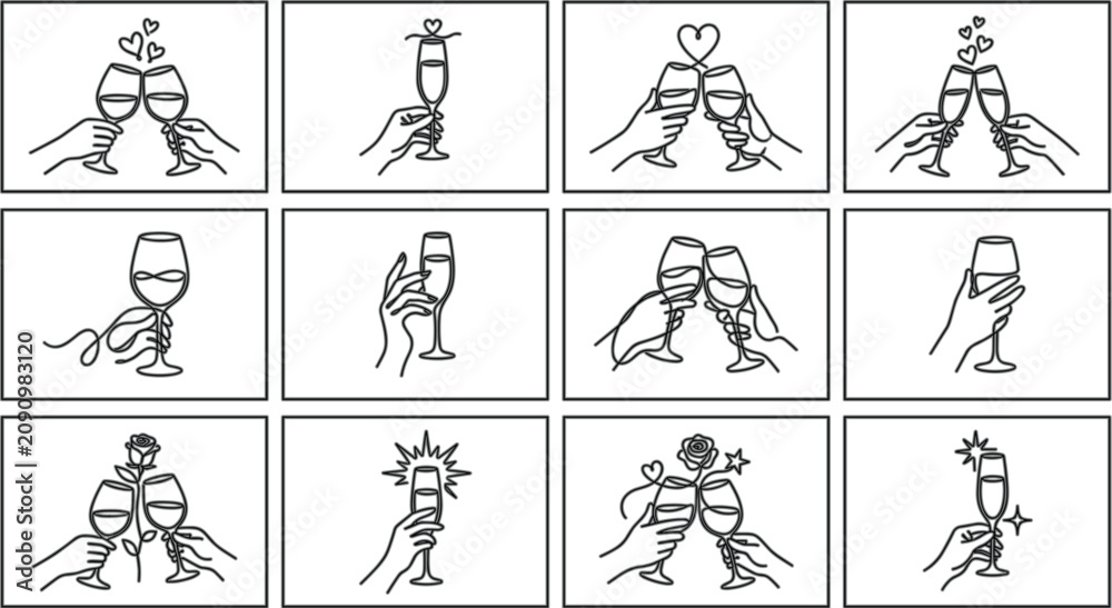 Fototapeta premium Celebration toast icons vector set with hands clinking wine glasses champagne flutes and wedding party elements on white background