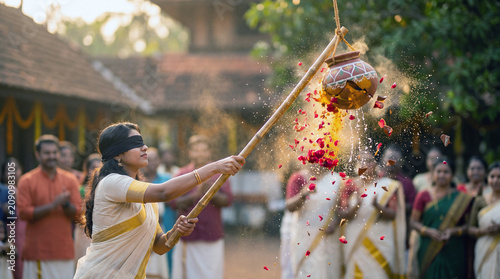Blindfolded South Indian woman playing Uriyadi game during Onam festival, breaking a clay pot with a stick, traditional Kerala clothing, festive celebration courtyard background