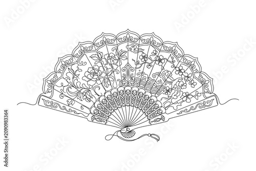 A detailed black and white line art illustration of an elegant folding hand fan.