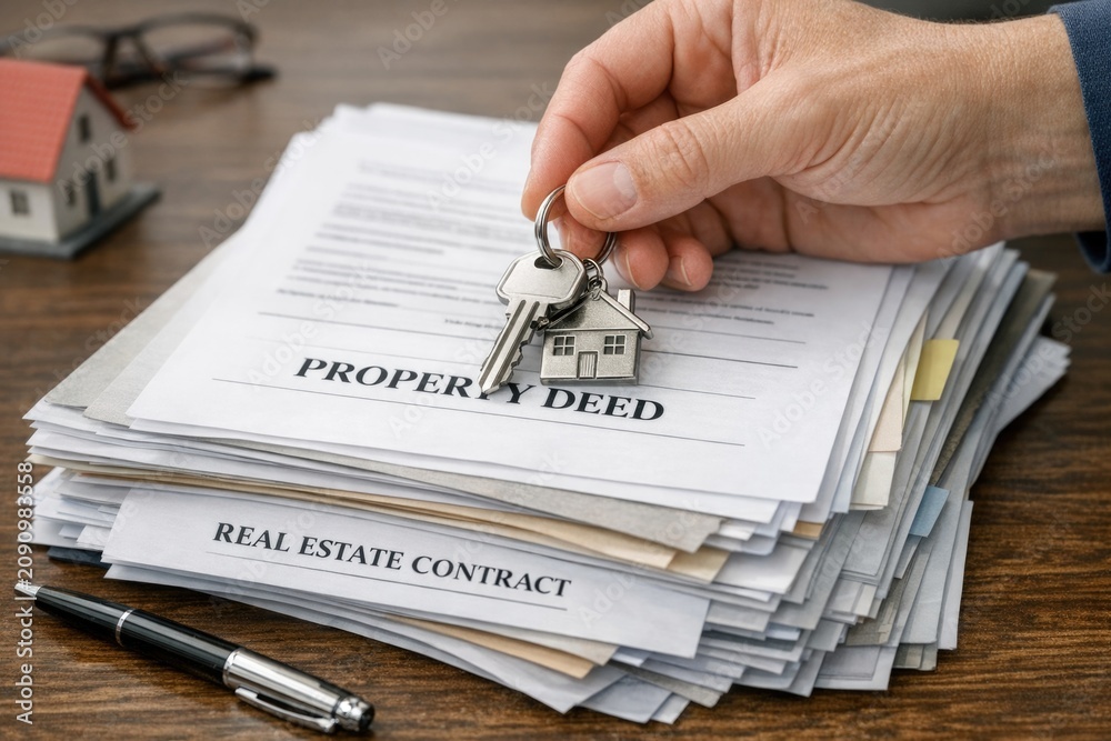Fototapeta premium A person holds a key above a stack of papers, possibly indicating access or permission