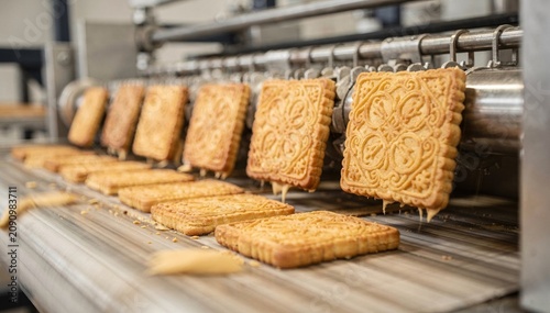 Decorative patterned biscuits emerge from a rotary molder drum showcasing intricate designs while gently dropping onto a conveyor belt for further processing.