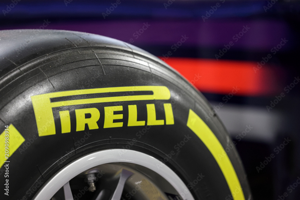 Obraz premium Perth, Western Australia, Australia - May 3 2026: Close-up Pirelli tire. FIA Formula One World Championship grand prix racing. Official motorsport brand logo, sleek racing rubber slick