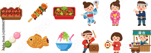 Bild auf Leinwand Japanese Summer Festival Food and People Characters Vector Set